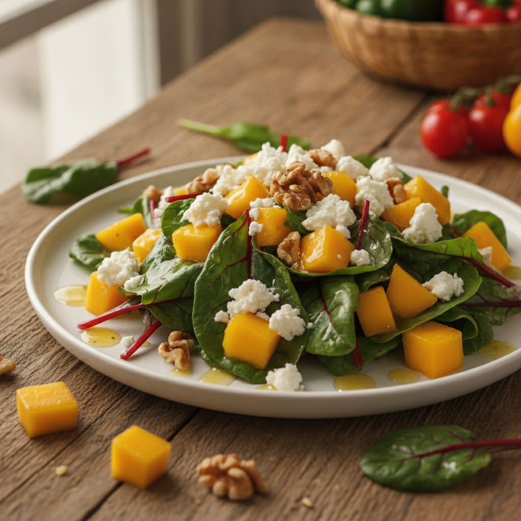 Exotischer Mangold-Mango-Salat mit Ziegenkäse